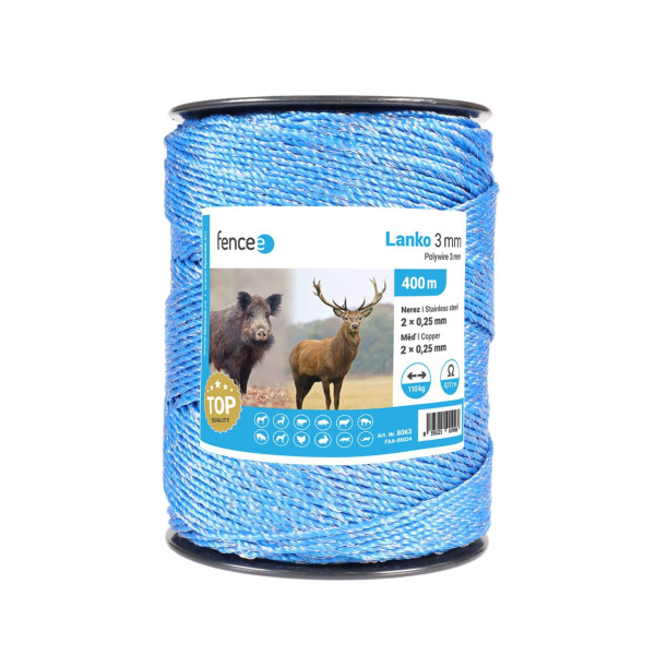 Lanko pro elektrický ohradník, průměr 3 mm, modré, délka 400 m, 0,17 Ω/m