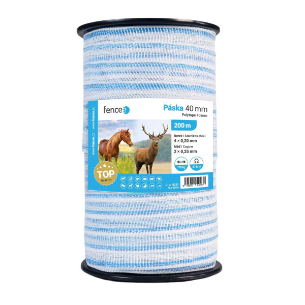 Páska pro elektrický ohradník, šířka 40 mm, bílo-modrá, délka 200 m