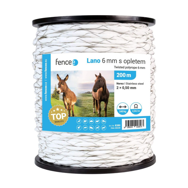 Lano s opletem pro elektrický ohradník, průměr 6 mm, 200 m
